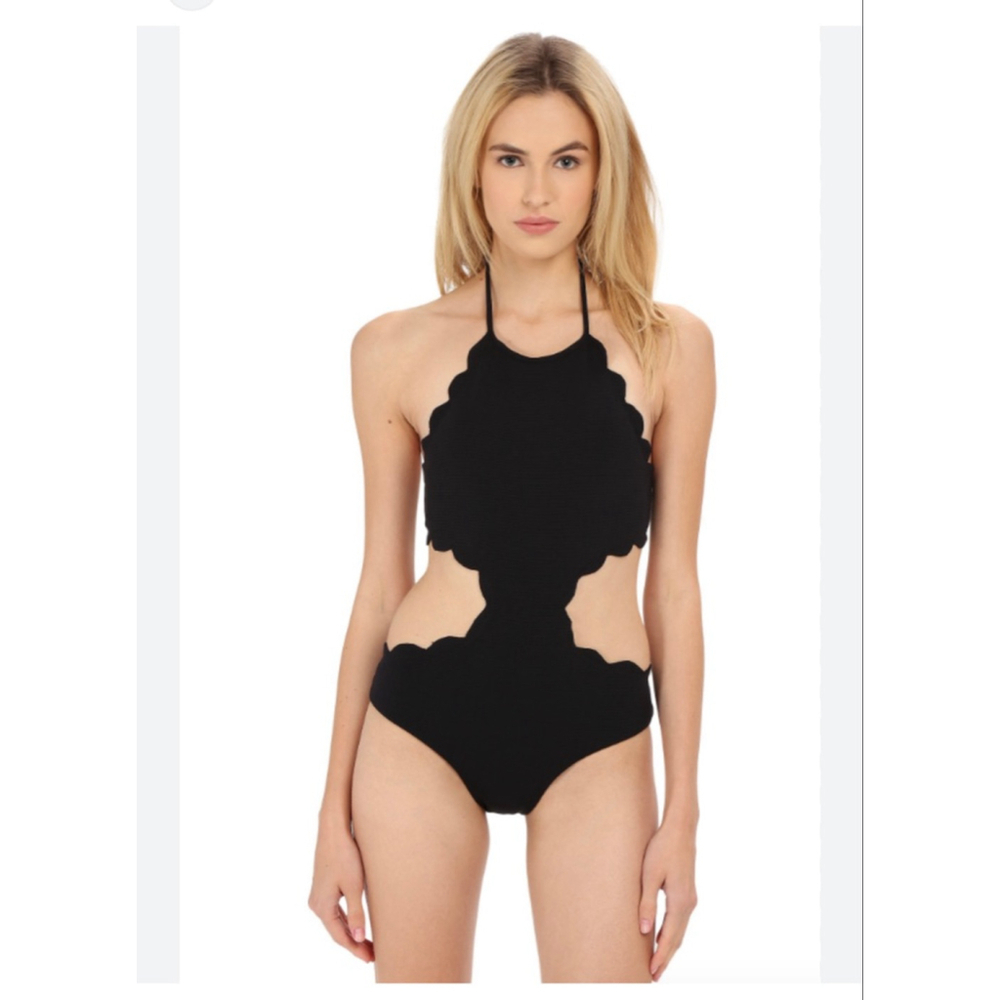 Women's MARYSIA Black Scalloped Halter Cutout One Piece Swimsuit S